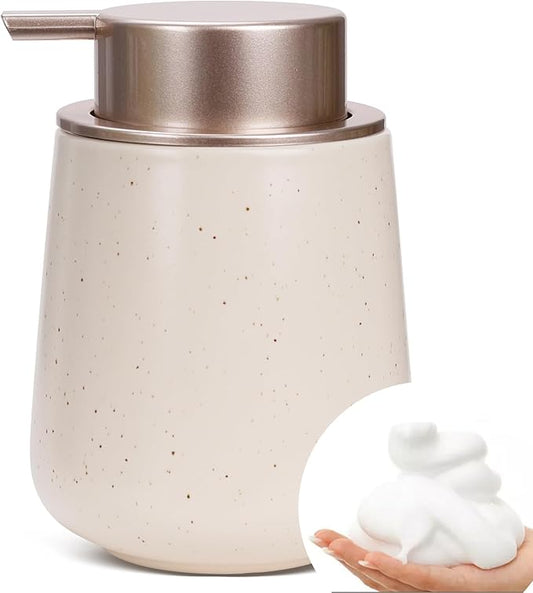 Bosilunlife 12Oz Ceramic Foam Soap Dispenser for Bathroom Kitchen Counter | Premium countertop foam pump creates delicate dense foam, stable desktop placement, Apricot with Speckle