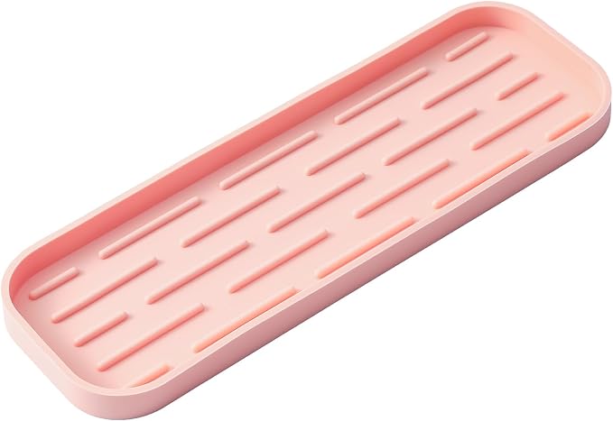 MicoYang Silicone Kitchen Sink Organizer Tray for Multiple Usage,Easy Clean,Eco-Friendly Sponges Holder for Kitchen Bathroom Counter or Sink,Dish Soap Dispenser,Scrubber,Bottle,Cup Pink 12" x 4”