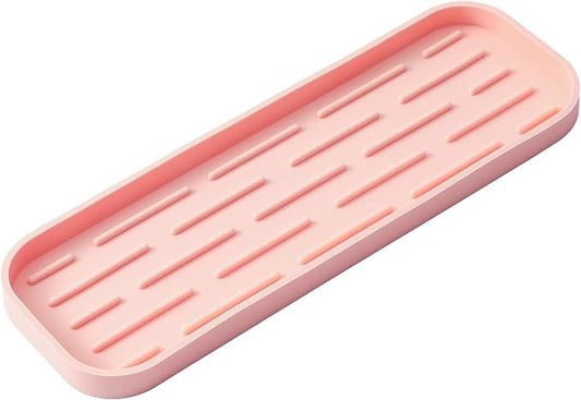 MicoYang Silicone Kitchen Sink Organizer Tray for Multiple Usage,Easy Clean,Eco-Friendly Sponges Holder for Kitchen Bathroom Counter or Sink,Dish Soap Dispenser,Scrubber,Bottle,Cup Pink 12" x 4”