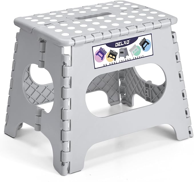 Delxo Folding Step Stool 11 Inch,300 Lbs Step Stool for Kids & Adults Grey | Foldable Step Stool 11",Non-Slip Foot Stools with Handle,Lightweight Collapsible stools for Kitchen,Bathroom,Bedroom,Garden