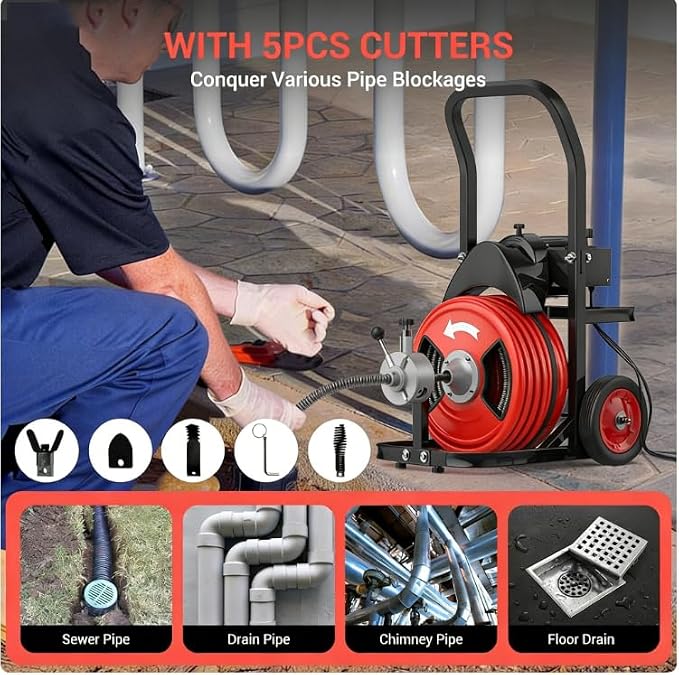 100Ft 3/4 Inch Drain Cleaning Machine. Sewer Snake 750w Auto Feed | Portable Drain Cleaning Machine with 6 Cutter Electric Drain Auger Sewer Auger Air-Activated Foot Switch for 4" to 8" Pipes