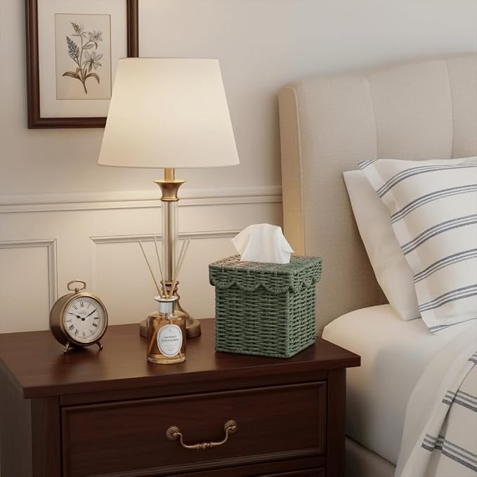 CubesLand Square Wicker Tissue Box Cover W/Scalloped Lid for Home Decor | Handwoven Facial Tissues Boxes Fits Living Room Table Decor, Rustic Farmhouse Boho Bathroom Decorative, Green