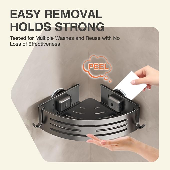 Lekesky Corner Shower Caddy Suction Cup, Corner Shower Shelf with Hooks, Bathroom Shelves No Drilling, Bathroom Organiser for Bathrooms Storage (Aluminum, 2-Pack, Gunmetal Grey)