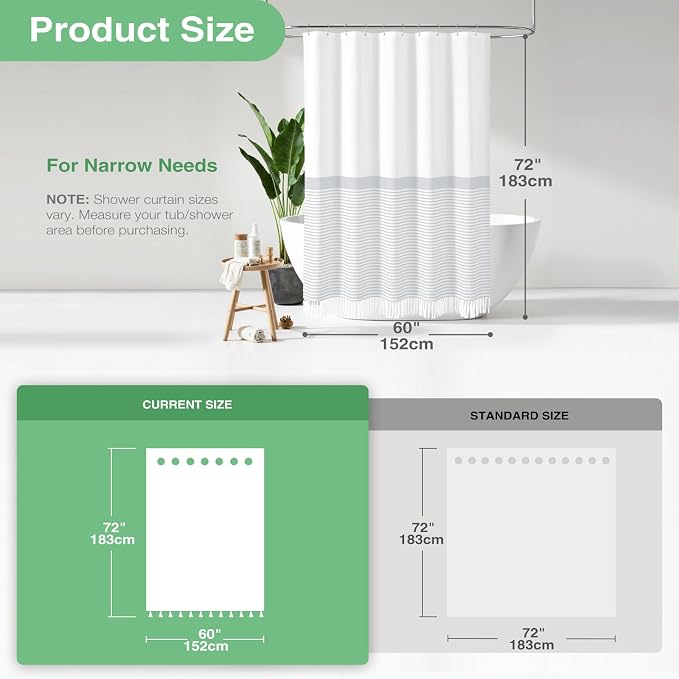 Stall Fabric Shower Curtain, 60 inch Modern Farmhouse Grey and White Boho Striped Cloth Shower Curtain with Tassels, Hotel Luxury Bathroom Shower Curtain Set with 10 Hook, Grey, 60x72