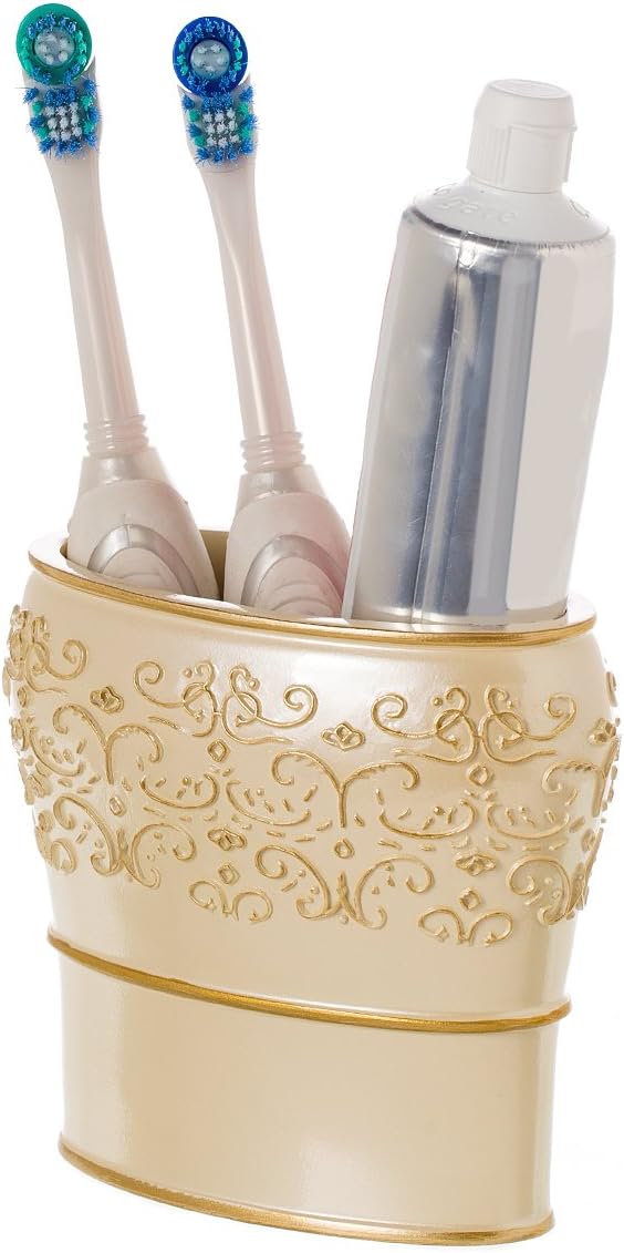 Shannon Beige with Gold 4 Piece Resin Bathroom Accessories Set | Includes Soap Dispenser, Toothbrush Holder, Tumbler Cup & Soap Dish