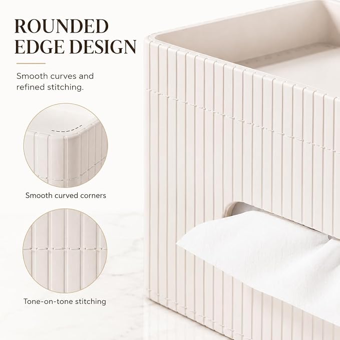 Ribbed PU Leather Tissue Box Cover with Storage Tray, Rectangular Facial Tissue Holder for Bathroom Vanity, Nightstand & Office Desk, Modern Decorative Tissue Dispenser (Ivory White)