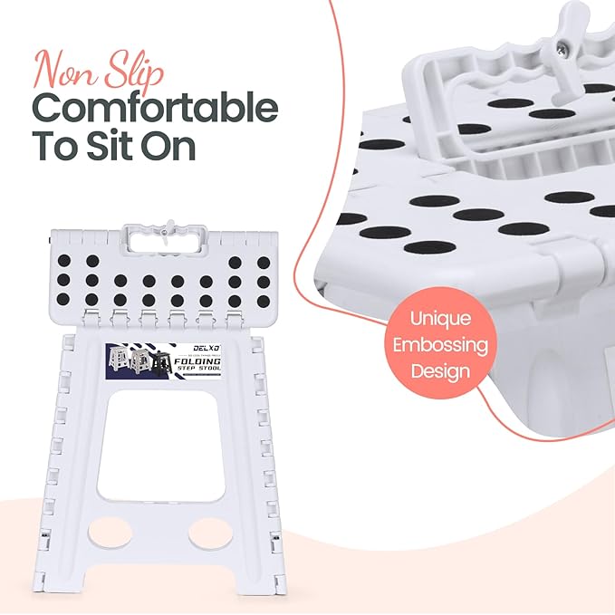 Delxo 16 Inch Folding Step Stool,Foldable Step Stool for Adults White | Step Stool with Safety Lock,Portable Collapsible Step Stool,Non-slip Folding Stools for Kitchen Bathroom Bedroom Garden 1PC
