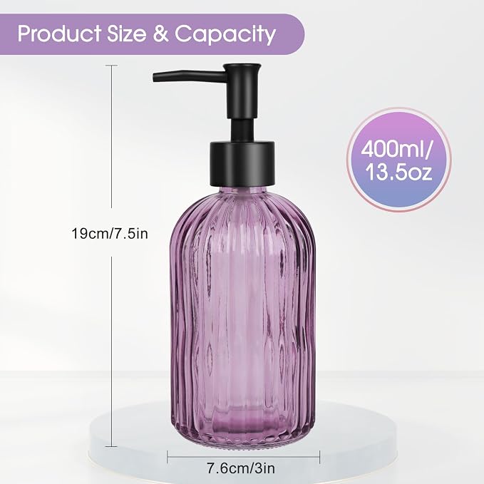 Topsky Stripe Glass Soap Dispenser with Black Plastic Pump, 400ml Liquid Hand Soap Dispenser, Rustproof Pump for Kitchen & Bathroom, Great for Lotions, Essential Oil, Liquid Soaps-Purple