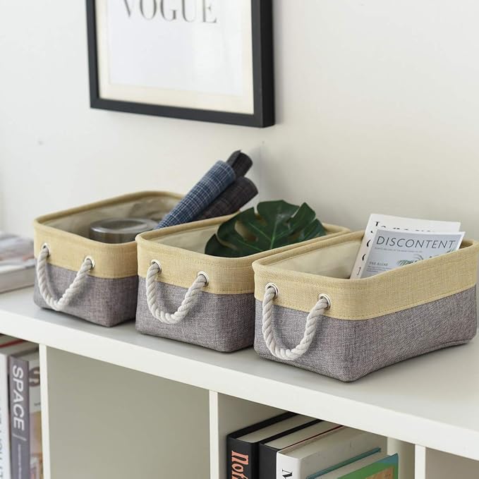 Storage Bins for Organizing,Sturdy Storage Basket, Decorative Foldable Storage Baskets for Shelves Closet Toy (Gold&Grey Medium - 3 Pack 13.8L×9.8W×6.7H inch)