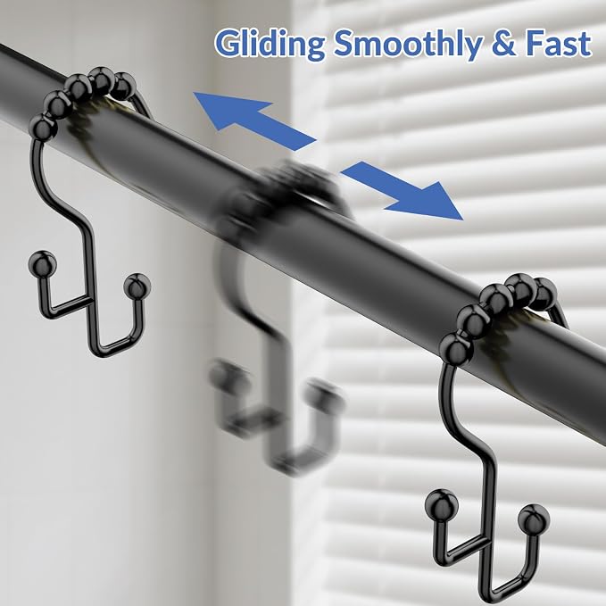 Shower Curtain Hooks, Metal Shower Curtain Rings Hooks, Black Shower Curtain Hooks Rust Proof, Smooth Gliding Shower Rings for Curtain, Shower Hooks for Shower Curtain Rod, Black-12 Pcs