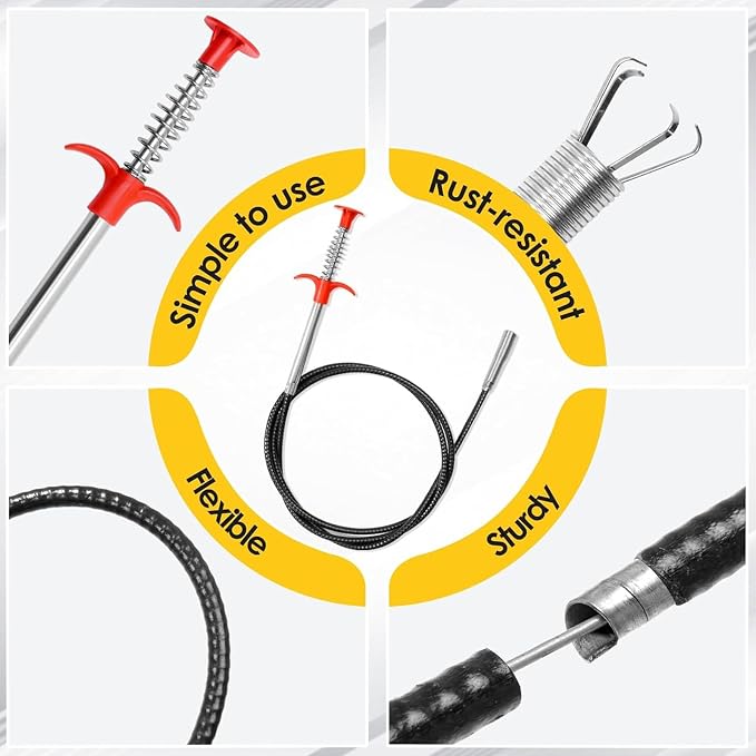 80-Inch Flexible Drain Snake with 4-Claw Grabber for Sink & Shower Clogs | Extended Reach • Flexible Coated Shaft • Secure 4-Claw Grip • Pulls Hair, Food Waste And Debris From Curved Pipes