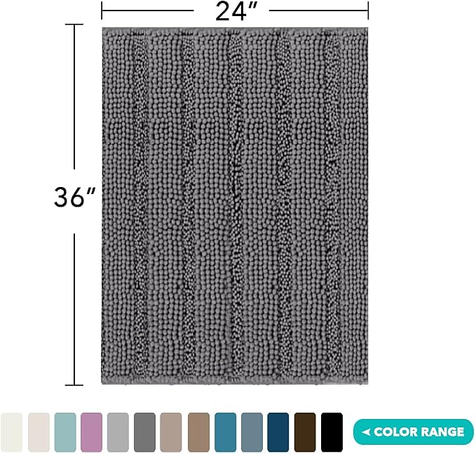 Turquoize Chenille Bath Rugs Shaggy Bathroom Rugs Non Slip Bath Mat for Bathroom 24 x 36 Grey Bath Rug for Bath Room Extra Soft and Absorbent Area Rug, 24"x 36", Grey