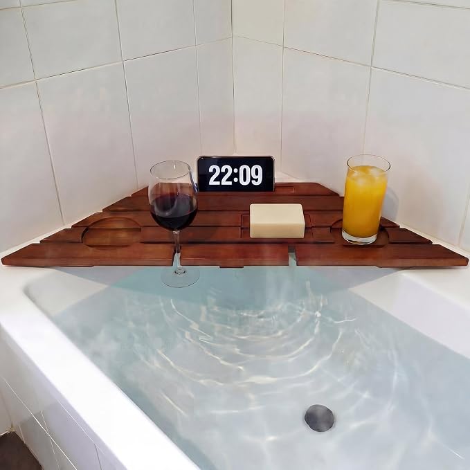 Corner Bathtub Tray Bamboo Non Slip Bathtub Corner Tray Caddy Farmhouse Bamboo Shelf for New Home House Warming Birthday Wedding Gifts for Couple Bridal Shower Gift for Women