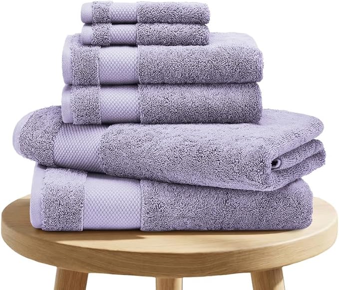 100% Organic Cotton Bath Towel Set | 700 GSM Plush 6-Piece Premium Towel Set GOTS Certified, 2 Bath Towels, 2 Hand Towels & 2 Washcloths - Lavender