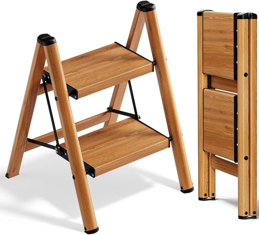 2 Step Ladder, Lightweight Folding Step Stool, Woodgrain | Anti-Slip 7.9'' Wide Pedal;Space-Saving;For Kitchen, Home, Library, Office Use;300lbs Capacity