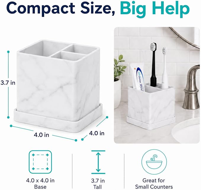 Silicone Toothbrush Holders for Bathrooms with Drainage Tray, White Marble | 3 Slots Unbreakable Countertop Electric Tooth Brush and Toothpaste Holder Organizer Stand, Marble Bathroom Accessories Decor