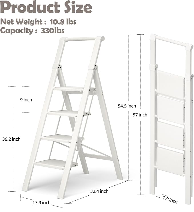 HillhutApex Aluminum 4 Step Ladder, Step Stool Foldable Ladder(White) | Stepladder with Handgrip,Anti-Slip Pedals,330lbs Capacity,Lightweight Folding Ladder for Home,Office,Libaray