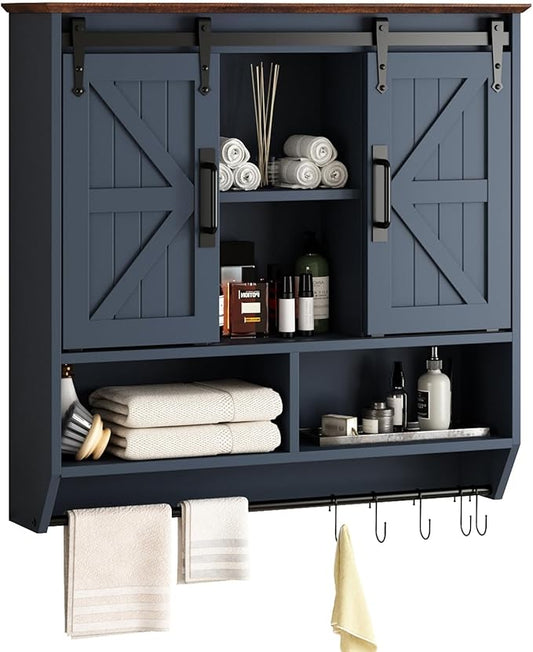 RUSTOWN Farmhouse Bathroom Wall Storage Cabinet with Sliding Barn Doors | 3-Tier, Rustic Wood Wall Mounted Cabinets, Vintage Medicine Cabinet, Adjustable Shelves, Over The Toilet Storage Cabinet