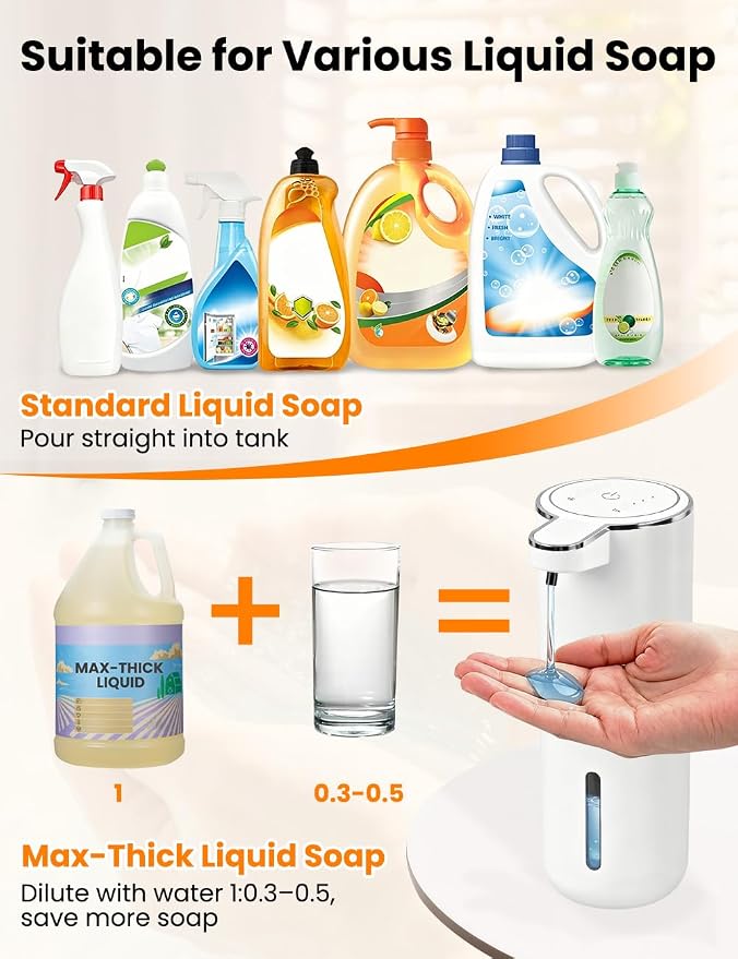 Automatic Soap Dispenser Touchless, USB Rechargeable Hand Soap Dispenser, 4 Adjustable Soap Levels, IPX5 Waterproof, 12.8oz/380ml, Countertop or Wall Mounted for Bathroom and Kitchen, White
