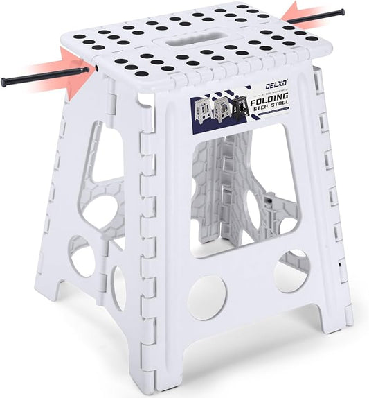 Delxo 16 Inch Folding Step Stool,Foldable Step Stool for Adults White | Step Stool with Safety Lock,Portable Collapsible Step Stool,Non-slip Folding Stools for Kitchen Bathroom Bedroom Garden 1PC