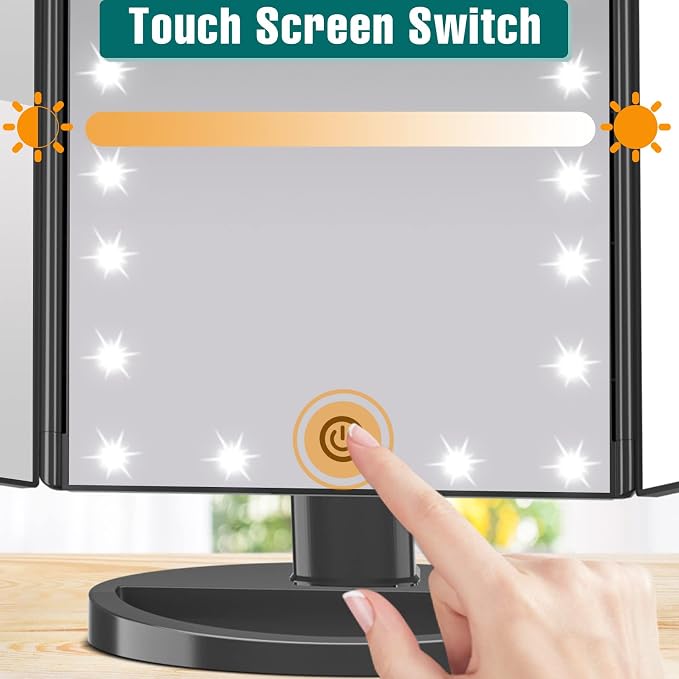 Lighted Makeup Mirror, 1-3X Magnifying Trifold LED Vanity Mirror | Vanity Mirror with Lights, 21 Bright LED Lights, Touch Control Dimmable Brightness, 180 ° Rotaion