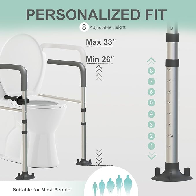 Toilet Safety Rails(350LBS), Adjustable Toilet Frame with Handles for Seniors, Elderly & Disabled, Foldable Toilet Grab Bars with Tissue Holder & Storage Bag,Fit Any Toilet, Gray