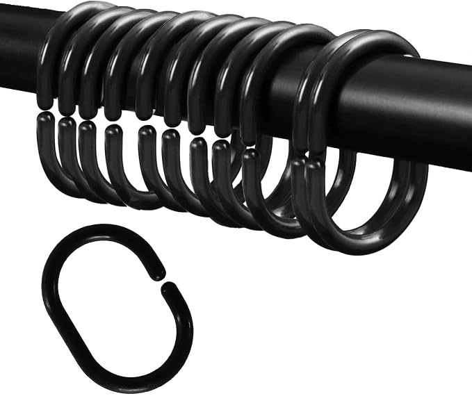 Plastic Shower Curtain Hooks C Shape Shower Curtain Rings for Bathroom Shower Rod Window Curtains Hanger (Black, 12pack)