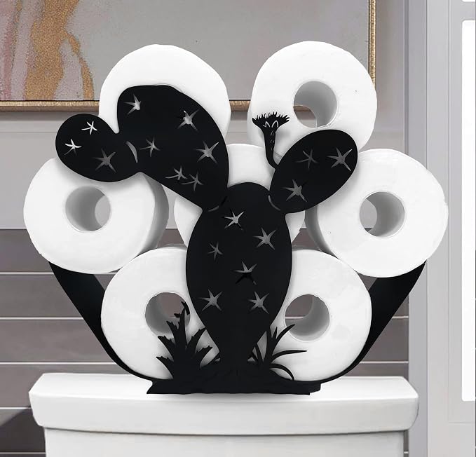 Black Cactus Metal Toilet Tissue Holder, Decorative FreeStanding Paper Holder for Bathrooms, Organizer Holds Extra 8 Rolls