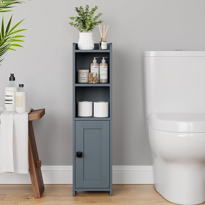 Lomojo Small Bathroom Storage Cabinet Corner, 7.87" Dx7.87 W x31.5 H (Gray) | Freestanding Narrow Toilet Paper Holder, Organizers for Bathroom Small Spaces Floor Cabinet with Adjustable Shelves and Door