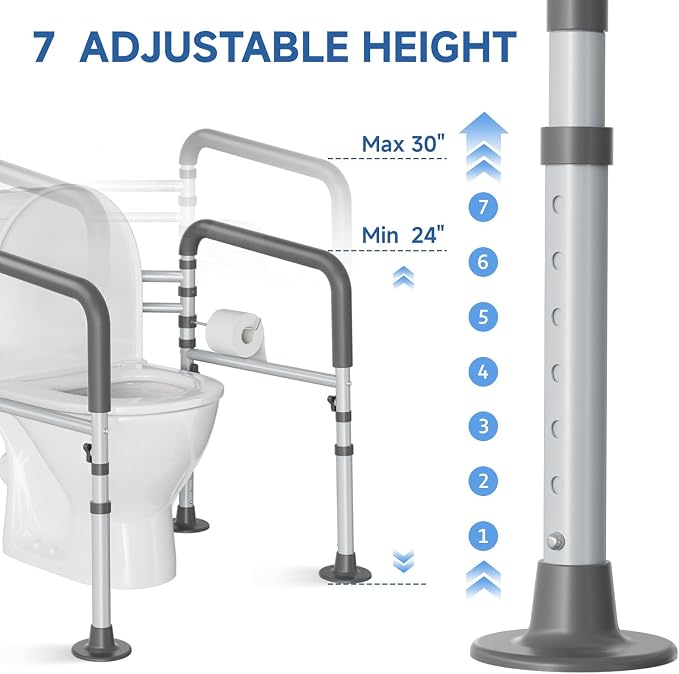 Toilet Safety Rail for Seniors, 11.7lbs Steel, Rock-Solid Stability | Height & Width Adjustable,Foldable,Padded Armrests,Wide Non-slip Foot Pads,350 lb Capacity for Pregnant Women & Disabled,Gray