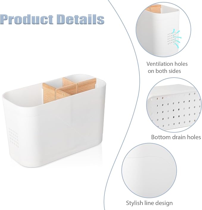 Toothbrush and Toothpaste Holder, 4 Slots, White | Bamboo Dividers, Kids Electric Tooth Brush Organizer for Bathroom Countertop Accessories Storage