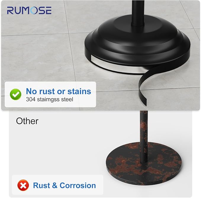 RUMOSE Toilet Paper Holder Stand for Floor Free Standing, Black | Bathroom Freestanding Toilet Tissue Roll Holder with Storage, Adjustable 17-25 Inch, Rustproof, SUS304 Stainless Steel