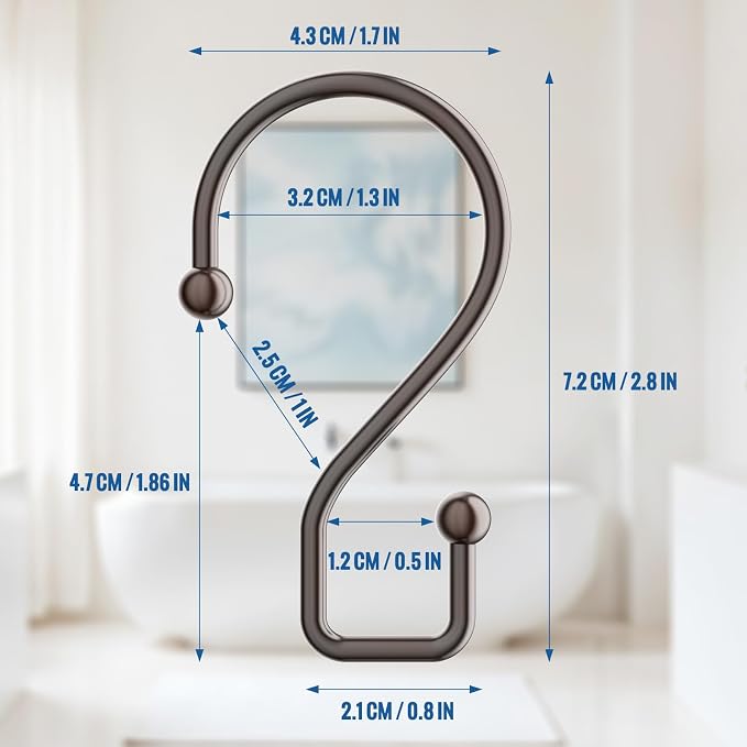 Bronze Metal Shower Curtain Hooks Rings, S Shape Metal Shower Curtain Rings Rust Proof Shower Curtain Hangers, Heavy-Duty Multi-Functional Shower Hooks for Shower Curtain, Bronze, 12 Pack
