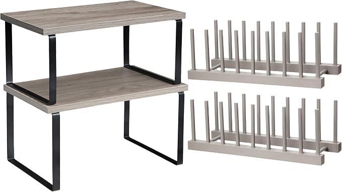 Marsui 4 Pcs Kitchen Organizer Accessories Set for Cabinet,Gray | Cabinet Organizer Shelves, Bamboo Dish Drying Plate Rack, Wooden Counter Storage Holder, for Spice Dish Pot Lid Bowl Cup