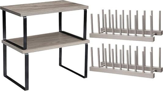 Marsui 4 Pcs Kitchen Organizer Accessories Set for Cabinet,Gray | Cabinet Organizer Shelves, Bamboo Dish Drying Plate Rack, Wooden Counter Storage Holder, for Spice Dish Pot Lid Bowl Cup