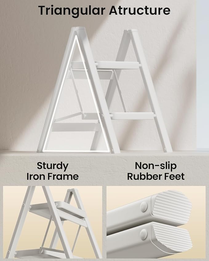 2 Step Ladder, Folding Step Stool, Lightweight Stepladder, White | Anti-Slip 7.9'' Wide Pedal;Space-Saving;For Kitchen, Home, Library, Office Use;300lbs Capacity