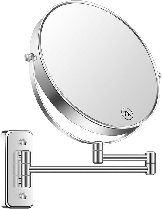 BTremary 9” Large Wall Mounted Makeup Mirror 1X/7X Double-Side Bathroom Magnifying Mirror 360 Swivel Vanity Mirror Extendable Shaving Wall Mount Cosmetic Mirror for Men and Women, Chrome
