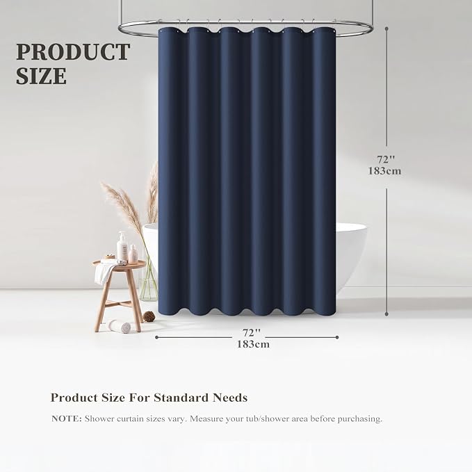 Navy Blue Linen Textured Waterproof Fabric Shower Curtain Set, 72x72 | 230GSM Polyester, Heavy Duty Cloth, Weighted Hem, 12 Plastic Hooks, Modern Hotel Style, Machine Washable, Bathroom Decor