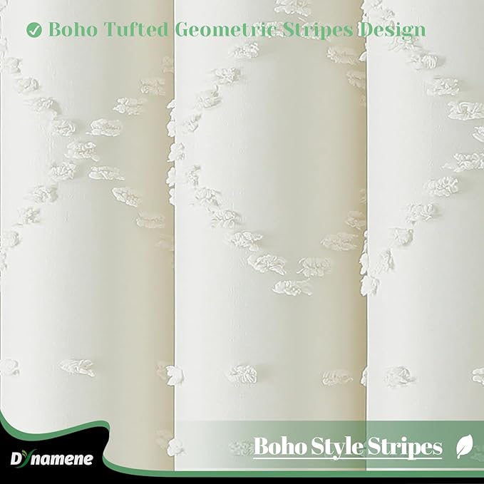 Long Boho Farmhouse Shower Curtain Tufted Geometric 72"x78" Cream | 78 Inch Tall, Elegant Tassel, Lightweight Textured Fabric, Water Repellent, Washable, Hotel Spa, for Bathroom/Dorm 12 Hooks