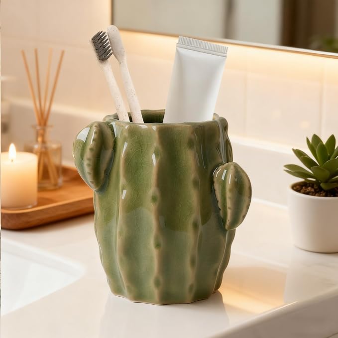 Ceramic Cactus Green Toothbrush Holder,Western Fun Bathroom Decor