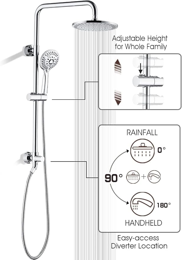 BRIGHT SHOWERS Rain Shower Heads System Including 9 Inch Rainfall Shower Head and Handheld Shower Head with Height Adjustable Holder, Solid Brass Rail and 60" Long Stainless Steel Shower Hose, Chrome
