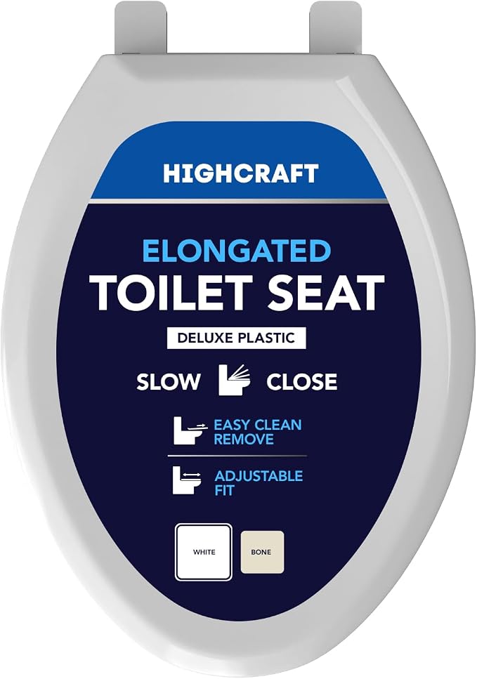 HIGHCRAFT Premium Elongated Toilet Seat with Slow-Close Design, Adjustable Hinges & Quick Removal Mechanism - Plastic Toilet Seat - Fits Standard Elongated Toilets - Oval Toilet Seat in White