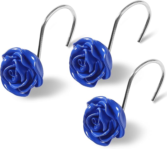Cute Rose Floral Shower Curtain Hooks Rings for Bathroom,Blue 12PCS | Metal Rustproof Curtain Hooks Shower Rings,Girls Decorative Flower Bathroom Decor,for Bathroom Shower Rods