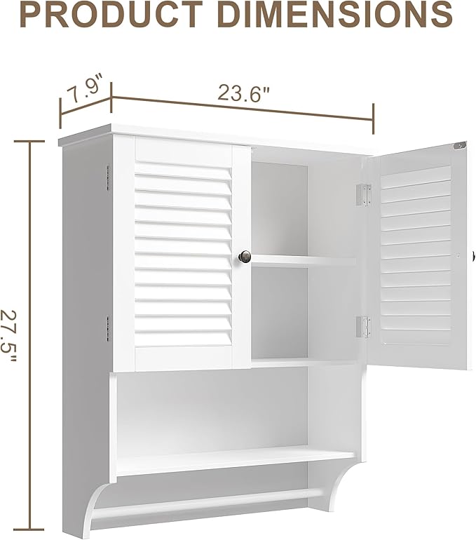 ChooChoo Bathroom Wall Cabinet with Towel Bar and Ample Storage | 23.6"L x 7.9"W x 27.5"H MDF Medicine Cabinet, Over The Toilet Space Saver Storage Cabinet with Adjustable Shelf, White