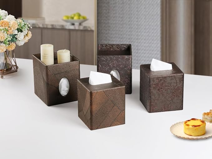 Square Tissue Box Cover, Stylish Leather Tissue Box Holder with Magnetic Bottom, Used As A Decorative Tissue Holder for Living Rooms, (Beige Woven Pattern) (Two-Layer Brown Grape Pattern)