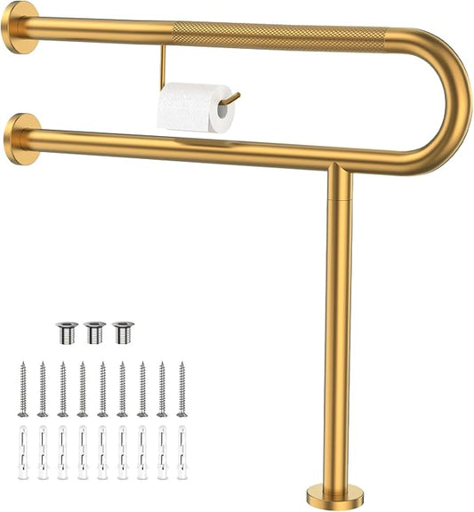 ZUEXT 31.5x28 Inch Gold Knurled Toilet Grab Bar with Toilet Paper Holder | Wall to Floor, Anti-slip Handicap Grab Bar, Stainless Steel Bathroom Support Rail with Leg, For Elderly Disabled Pregnant