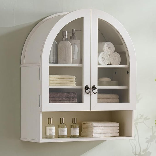 IFGET Bathroom Arched Wall Cabinet, 23.6'' Wide Medicine Cabinet with Adjustable Shelves & Glass Doors, Over The Toilet Storage Wall Mount Cabinet for Laundry Room,Kitchen & Living Room, Antique White