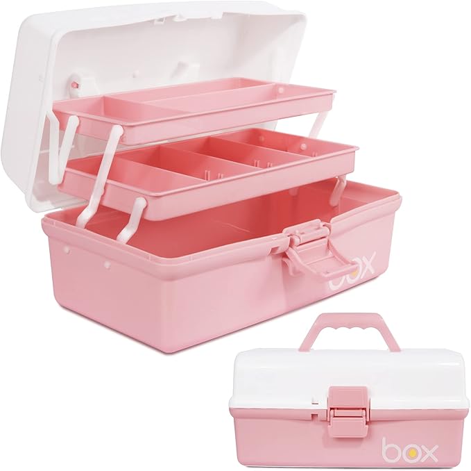 TERGOO 12in 3-Layer Plastic Craft Organizers and Storage, Portable Folding Tackle Box with Handle & Adjustable Dividers, Multipurpose Case for Sewing, Art Supplies, Medicine, Tools (White Pink)