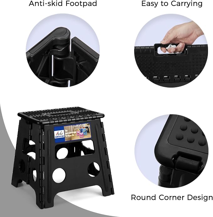 ACKO 13" Folding Step Stool, Non-Slip Surface for Adults & Kids, Dot Black | Collapsible Heavy Duty Foldable Stools, Portable Foot Stepping Stool Holds 300 lbs, Kitchen Bathroom Outdoor, Built-in Handle