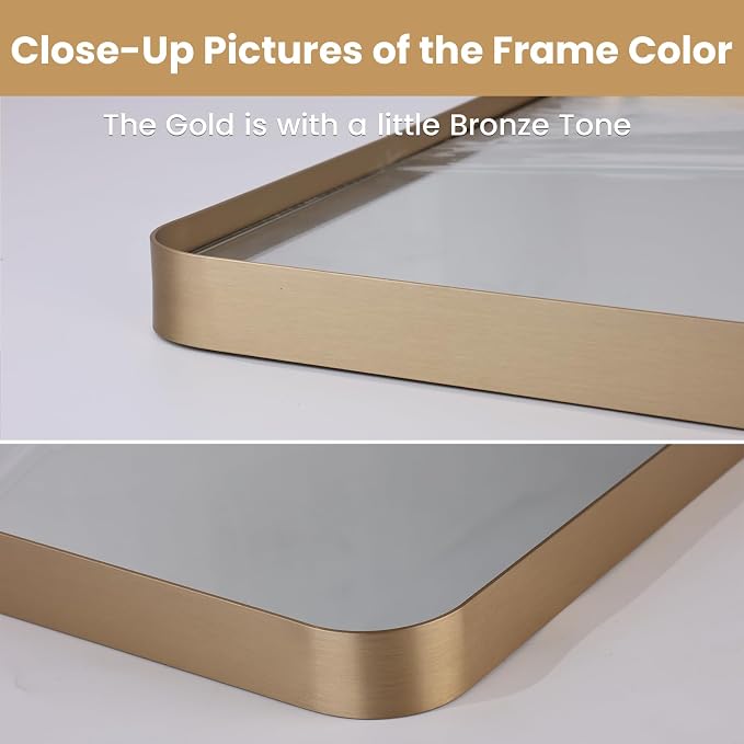 LOAAO 48"X30" Gold Bathroom Mirror | Rounded Rectangle, Brushed Gold Frame, Wall-Mounted, Anti-Rust, Tempered Glass, Hangs Horizontally or Vertically